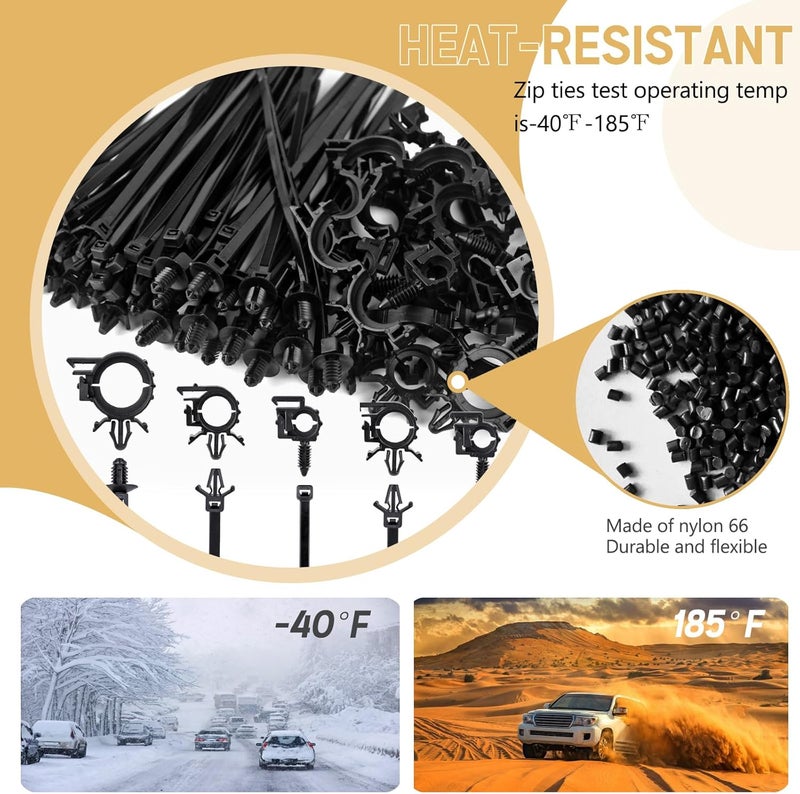 UNIGT 180pcs Nylon Universal Cable Tie Buckle, Push Mount Cable Zip Tie with Car Wire Loom Routing Clips, Universal Compatible with GM Ford Trucks Cars Sedan UTV Engine Bay Self Locking Straps - Image 4